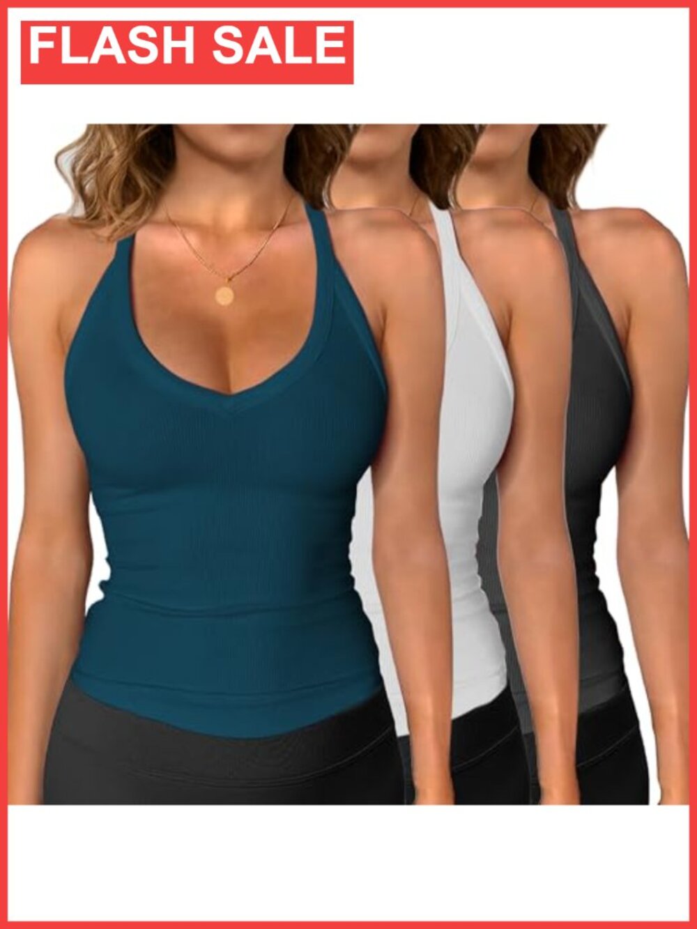 3 Pack Workout Tops for Women Racerback Tank V Neck Slim Fit Ribbed Sleeveless